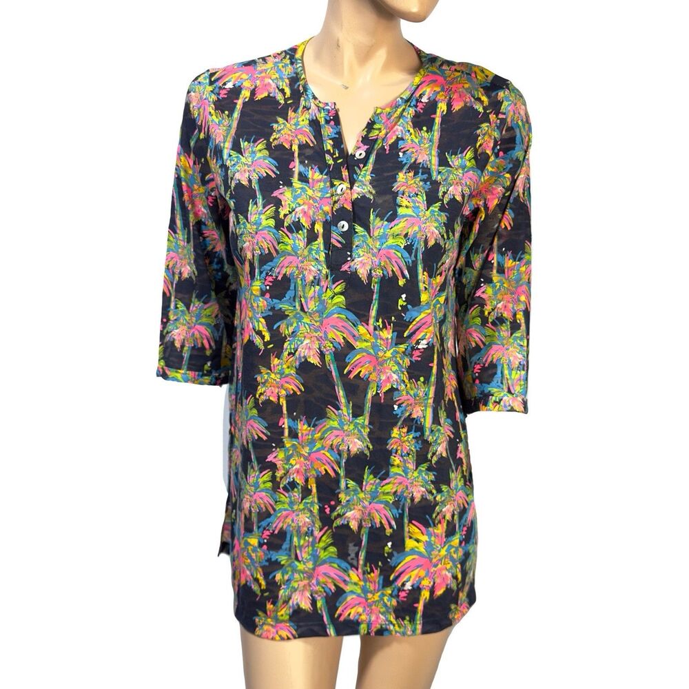 Lulu B Women’s Palm Tree Print Tunic Top Size S Small 3/4 Sleeve Split Neck NWT